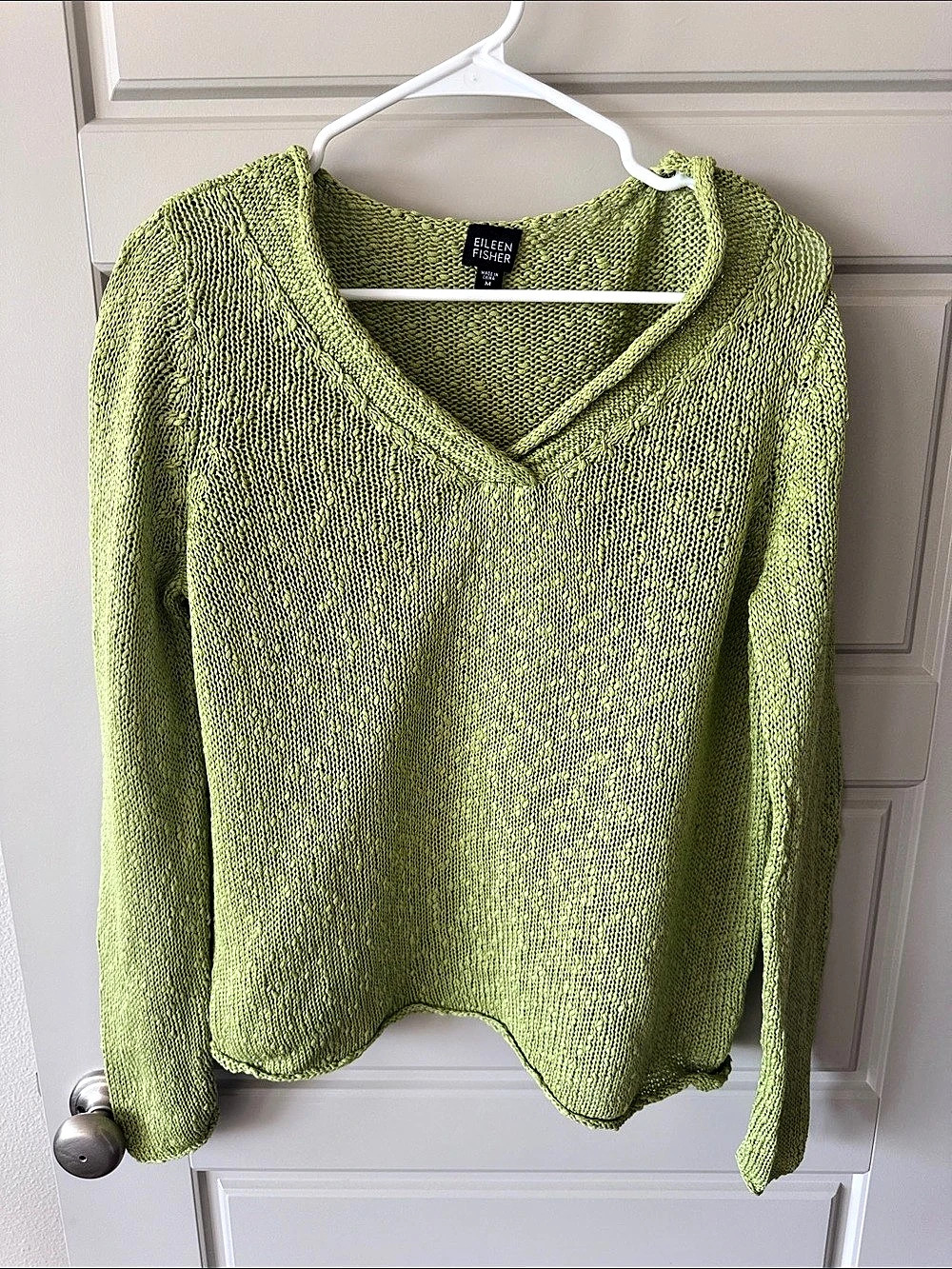 Eileen Fisher Organic Linen Cotton Slub V-Neck Top Green Medium